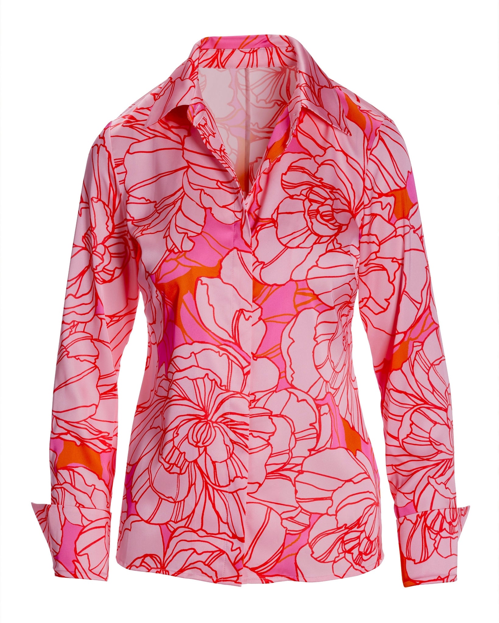 Blooming Outlines Print Sophia Button Up Charmeuse Blouse Pink - Image 2
