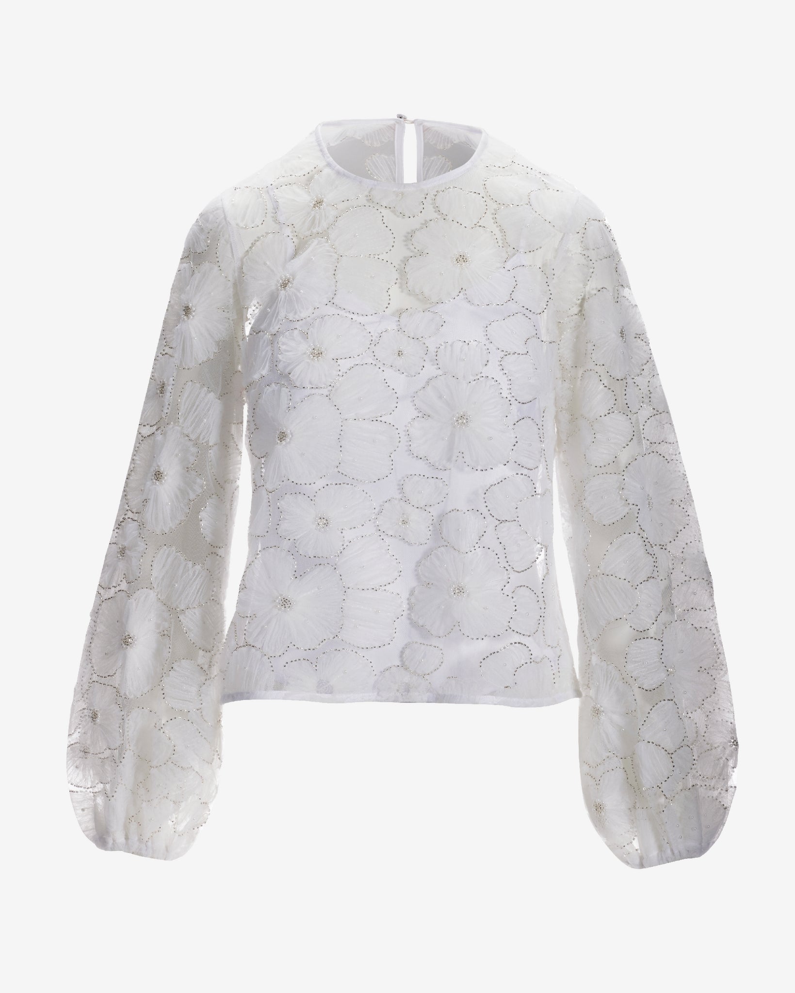 3D Embellished Floral Organza Blouse White - Image 2